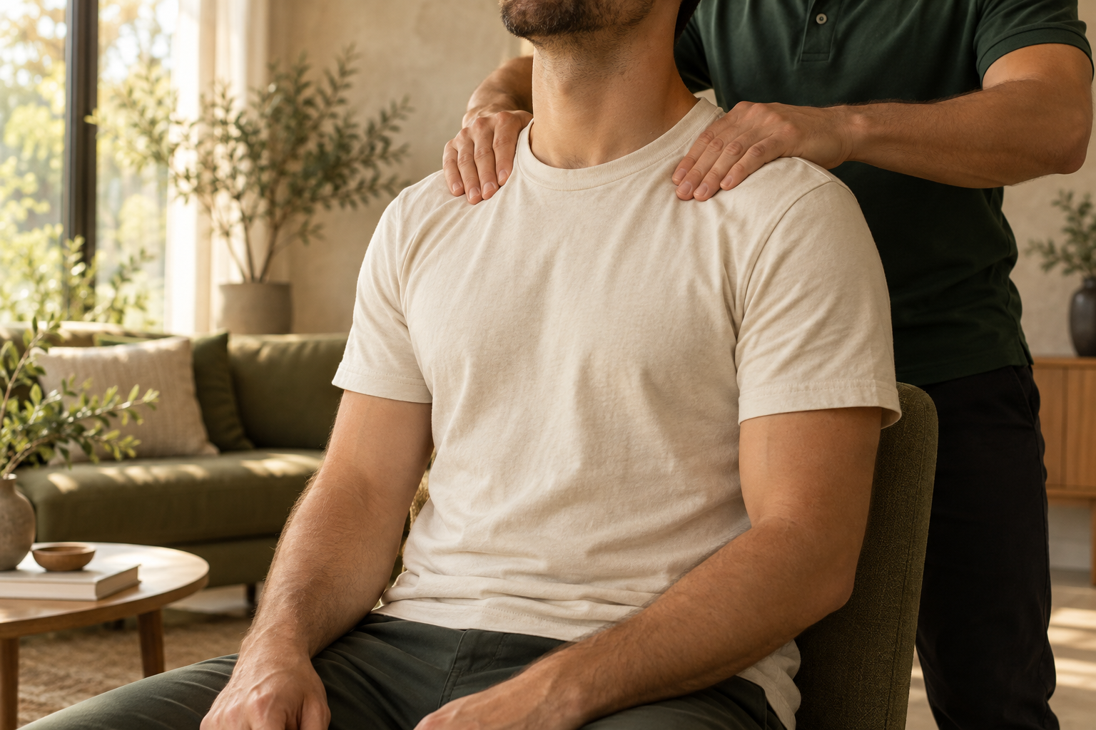 Illustratief sfeerbeeld van een professionele schoudermassage bij een man thuis